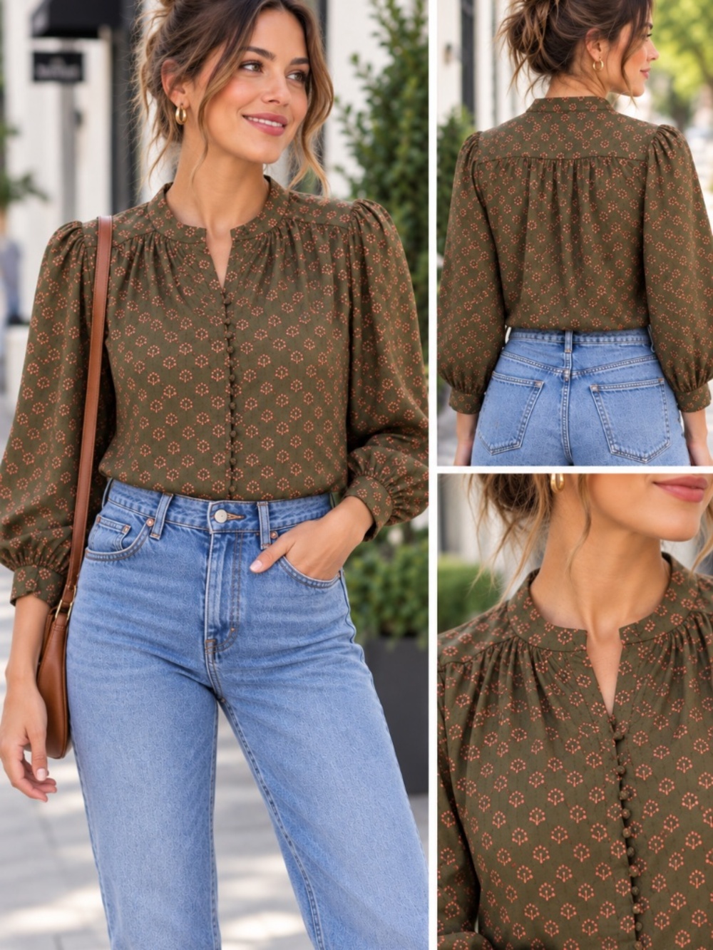 Women's AVARA Olive Green 100% Cotton V-Neck Block Print Blouse XS NWT